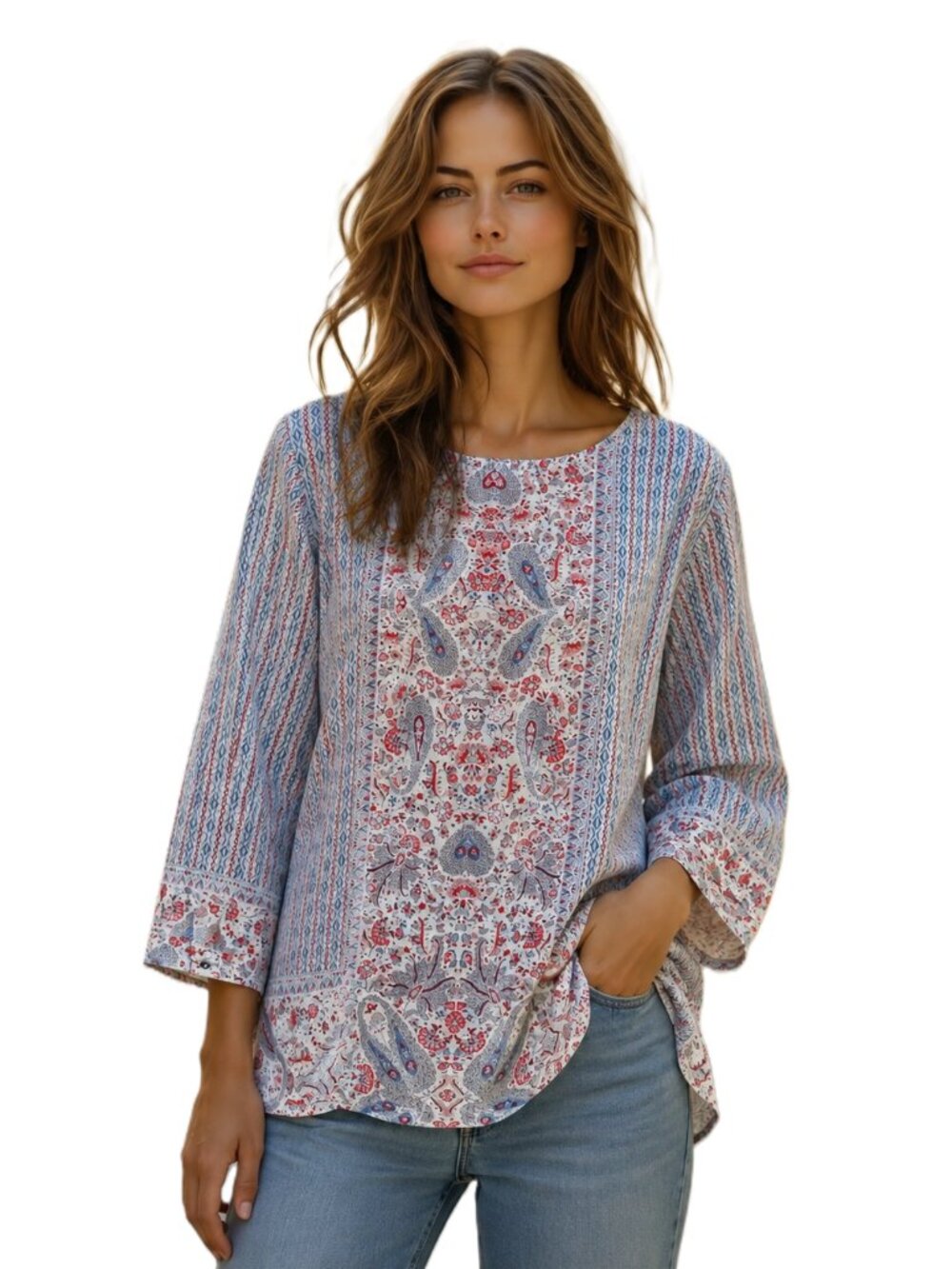 Boho Floral Print Tunic Blouse w. side slits